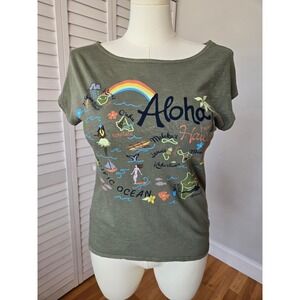 Honolua Wahine Olive Aloha Graphic Cotton Top S Hawaiian Tropical Resort Beach